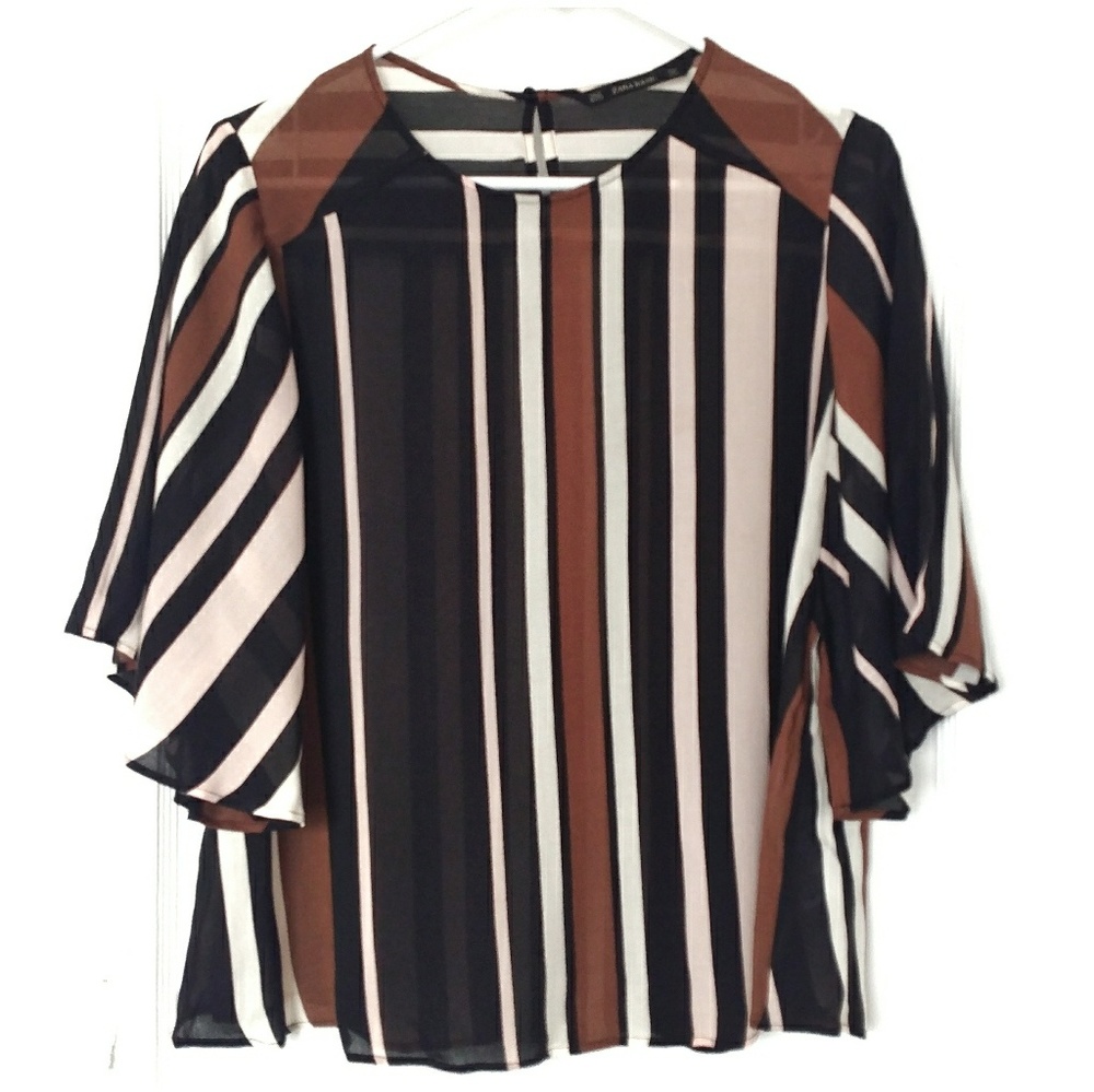3/$20 ZARA Sheer Striped Black White Brown Wide Sleeve Blouse XS